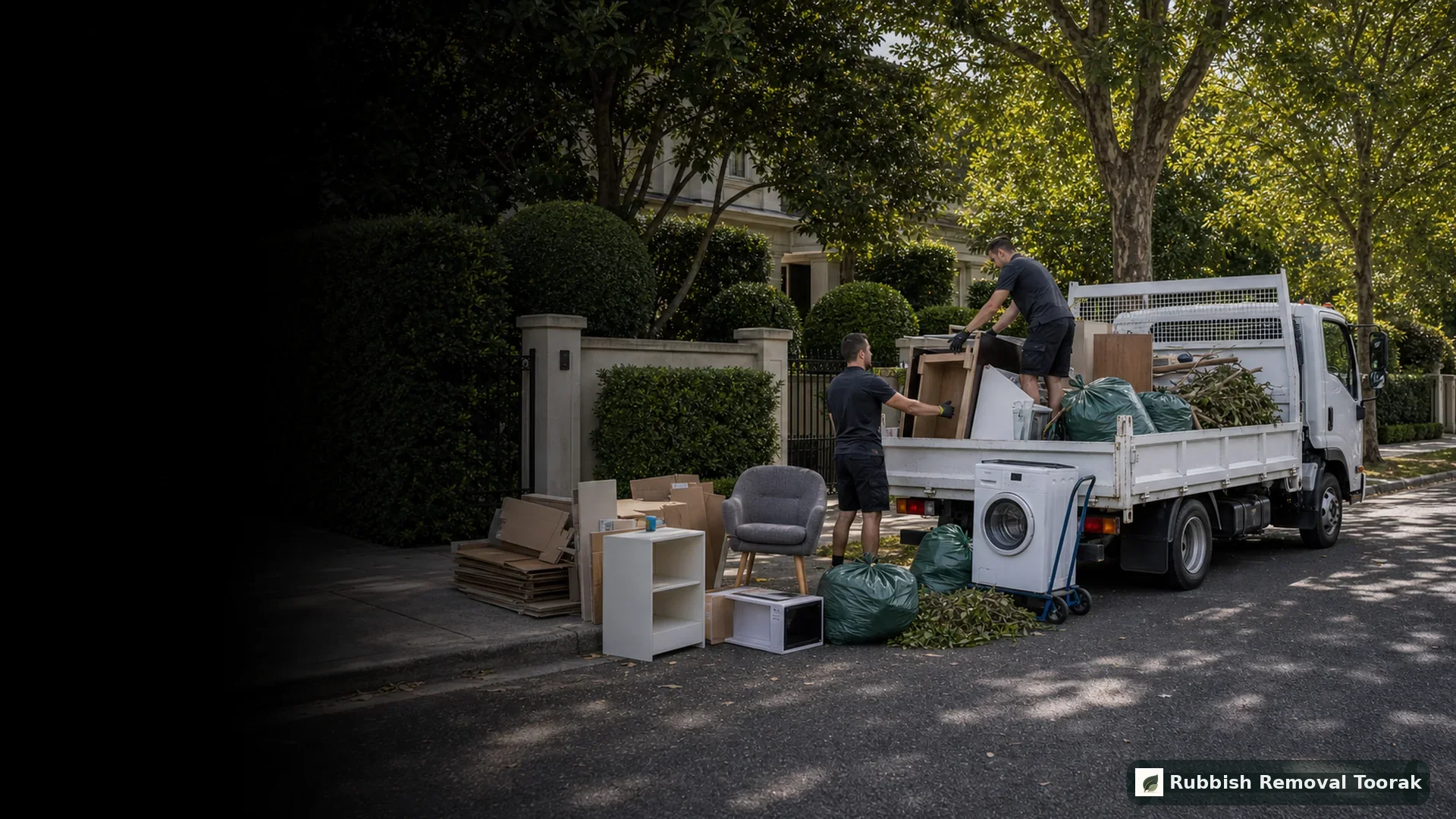 Professional rubbish removal crew loading household items into a clean truck outside a Toorak home