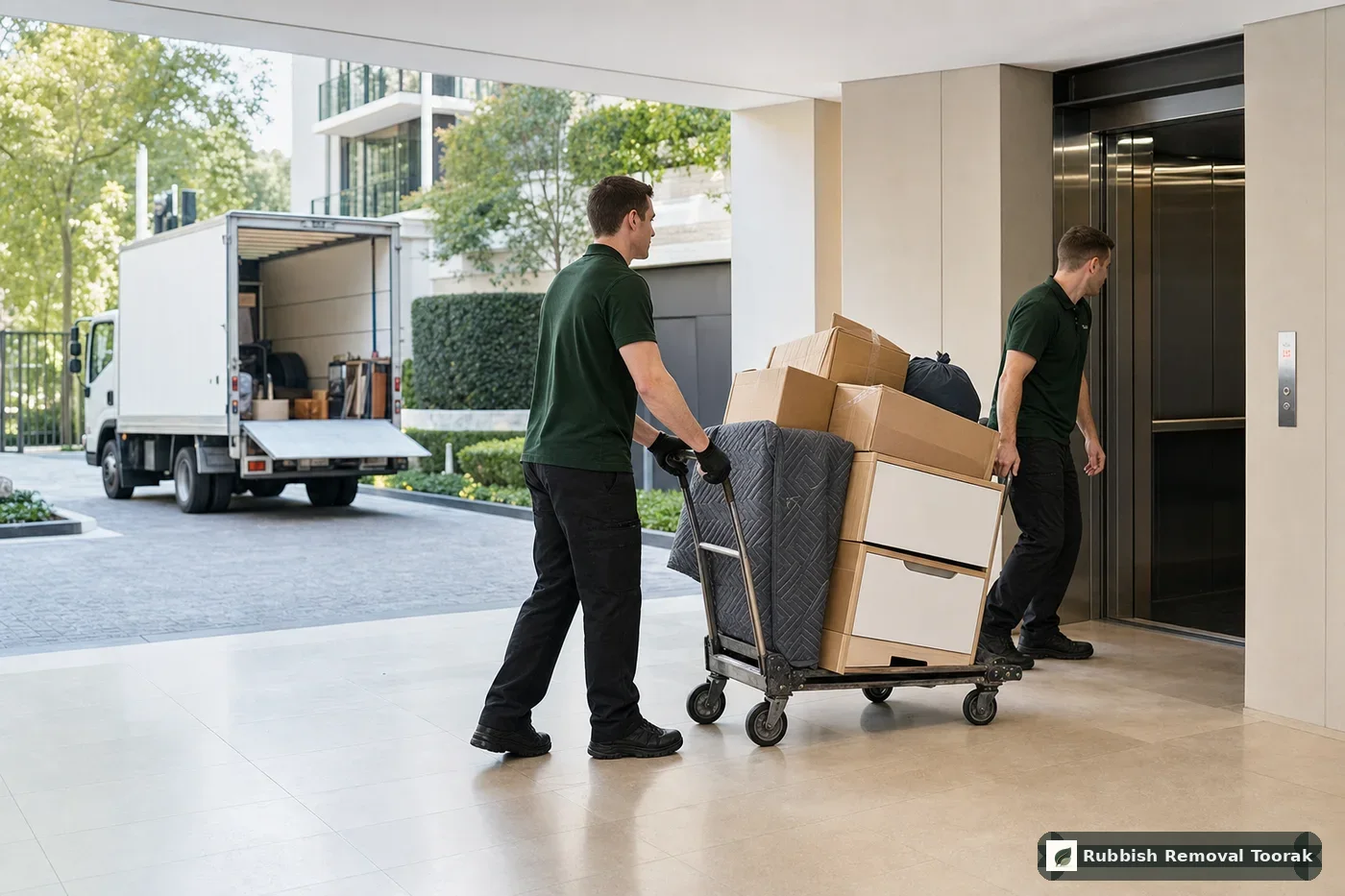 Rubbish removal crew moving boxed junk on a trolley through a clean Toorak apartment entry near lift access